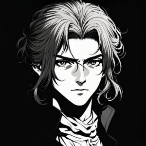 Black-and-white illustrated portrait of a pale, sharp-featured young man with medium-length wavy hair, intense eyes, and a serious expression, rendered in a gothic anime style against a dark background.