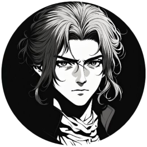 Black-and-white gothic anime-style portrait of a pale, sharp-featured young man with medium-length wavy hair, intense eyes, and a stern expression, shown in a circular frame against a dark background.